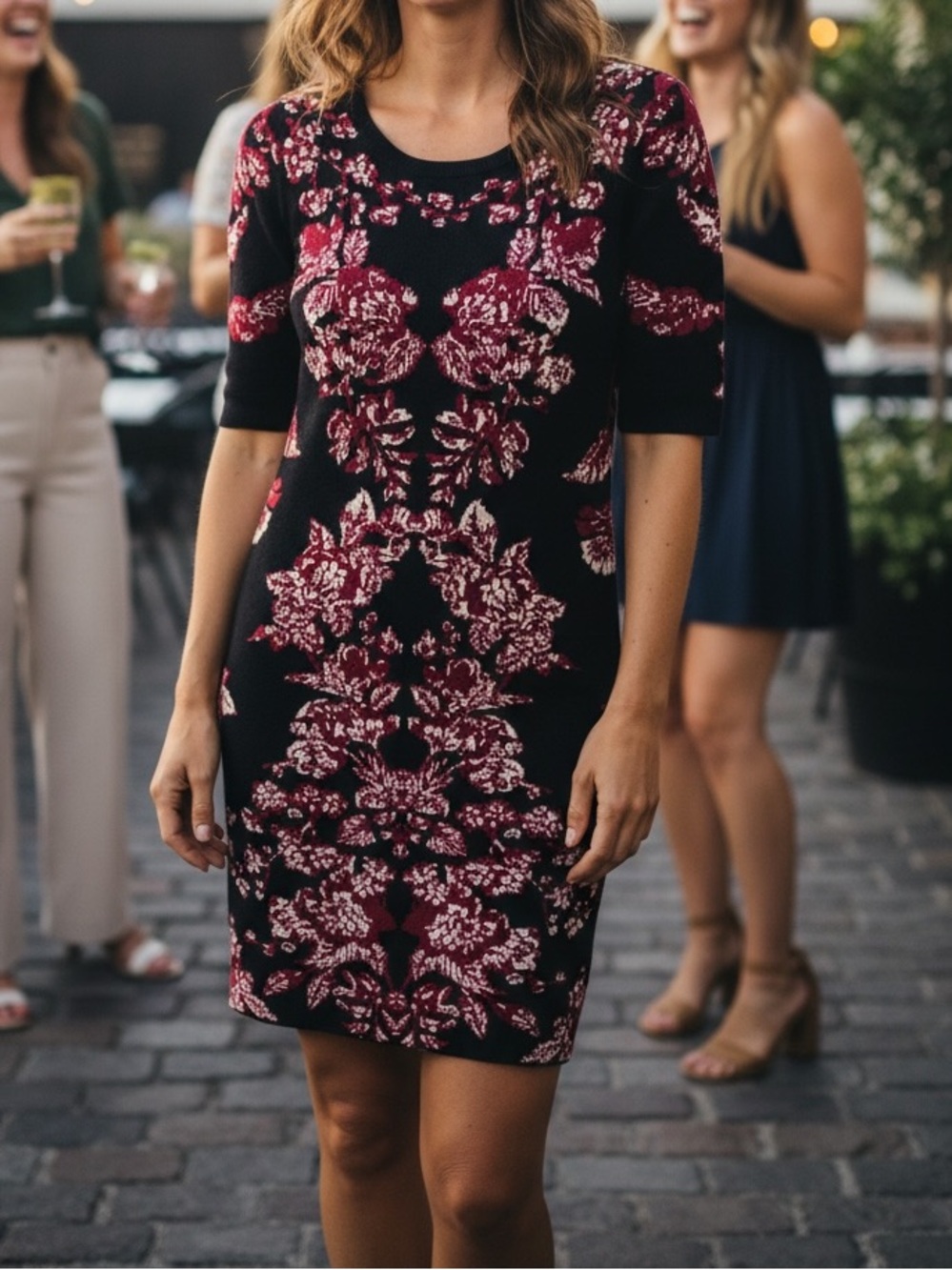 Adrianna Papell Bodycon Pink Black Floral Sweater Stretchy Dress Sz M